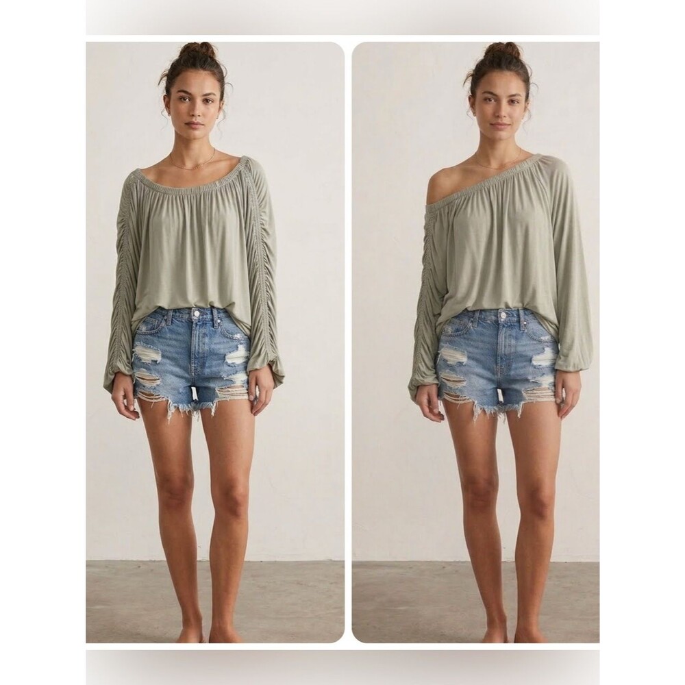 Free People Serenade Tee Sage Green Ruched Sleeve Convertible Top Small